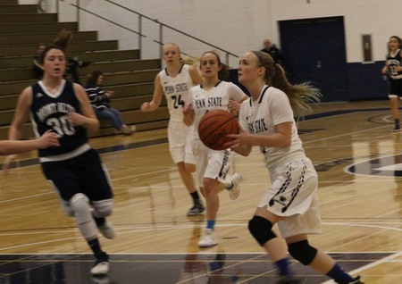 McKenzie Prutsman drives the lane for two of her 42 points on the night in the win over Mont Alto.